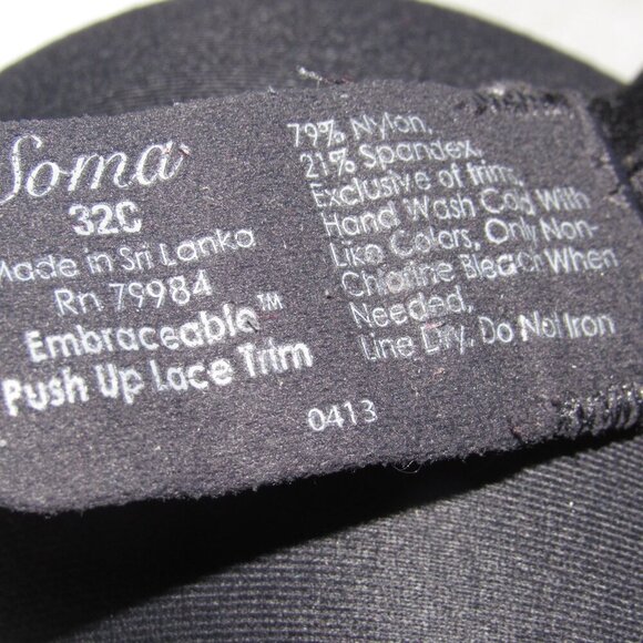 SOMA Embraceable Push Up Lace Trim Black Bra Size 32C - Picture 3 of 3